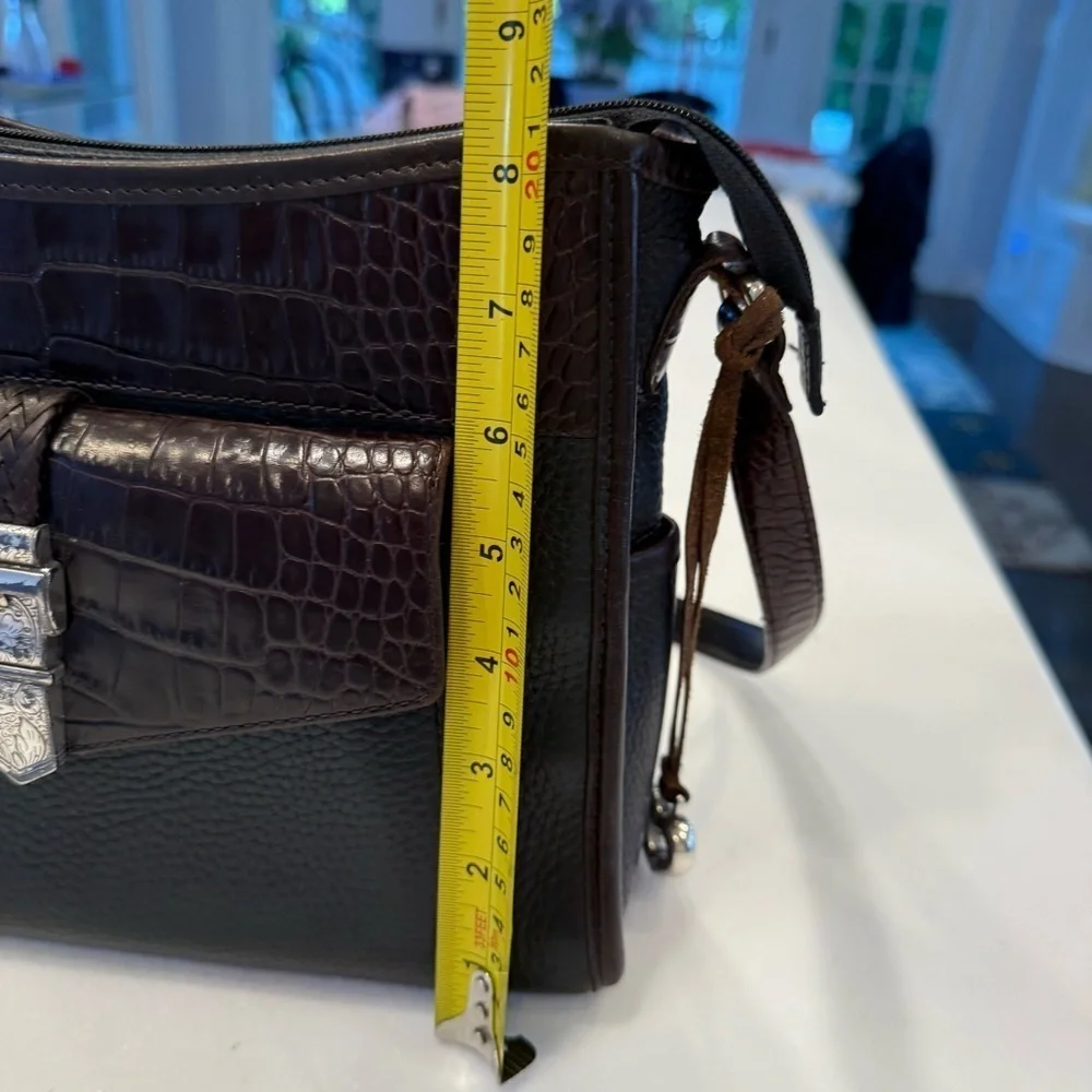 BRIGHTON Womens Black & Brown LEATHER SHOULDER BAG W/card Holder Croc Embossed